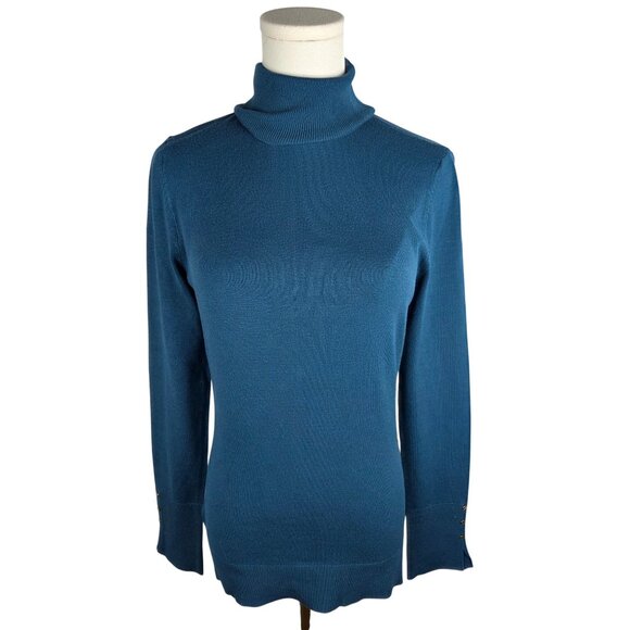 White House Black Market Blue Turtleneck Sweater XS Long Sleeve Button Cozy - Picture 1 of 10